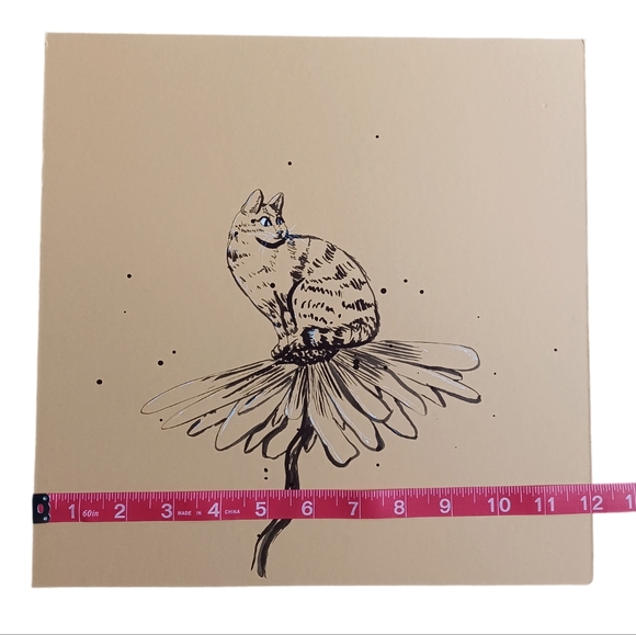 ORIGINAL ART Cat on Daisy by Maria Rivera. Ink Painting on 12x12" mat board - Picture 7 of 7